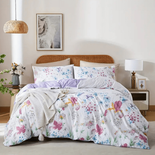 King size bedding set featuring a beautiful floral design in purple and pink, consisting of six pieces. - BusDeals