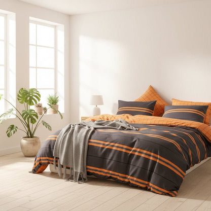 King size bedding set of 6 pieces, Dark Grey & Orange Stripes Design. bedding Set Without Filling. - BusDeals