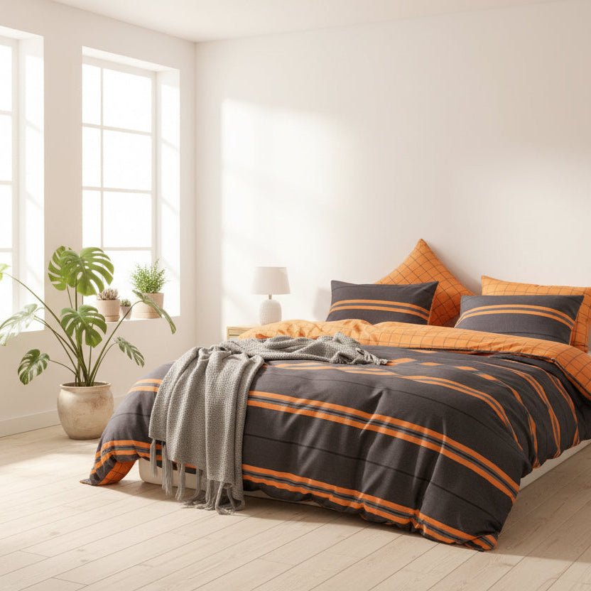 King size bedding set of 6 pieces, Dark Grey & Orange Stripes Design. bedding Set Without Filling. - BusDeals