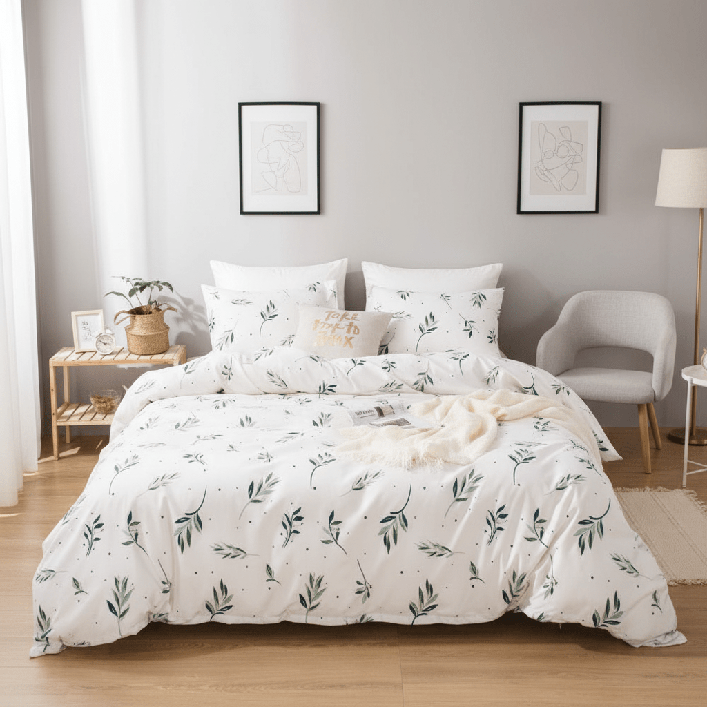 King size Bedding Set without filler 6 pieces, Small Green leaves design - BusDeals