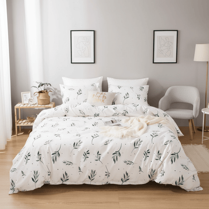 King size Bedding Set without filler 6 pieces, Small Green leaves design - BusDeals