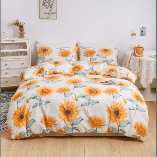 King Size Floral Sunflower Design Beige Duvet Cover Set. - BusDeals