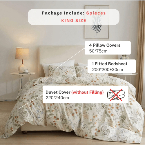 King size, six - piece botanical bedding set without filling featuring a green and gold floral design. - BusDeals