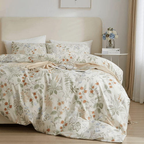 King size, six - piece botanical bedding set without filling featuring a green and gold floral design. - BusDeals