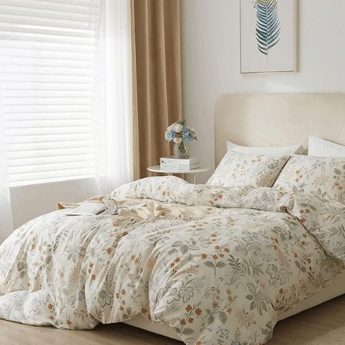 King size, six - piece botanical bedding set without filling featuring a green and gold floral design. - BusDeals