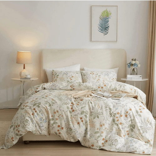 King size, six - piece botanical bedding set without filling featuring a green and gold floral design. - BusDeals