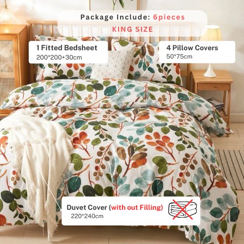 King Size without Filler 6 Pieces, Green Color Leaves Design - BusDeals