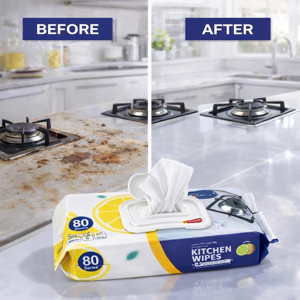 Kitchen Cleaning Wet Wipes [1 Pack - 80 Count] Lemon Scented Powerful Cleaning Degreasing & Strong Oil Removal Wet Wipes for Kitchen, Restaurant, Safe on Skin - BusDeals