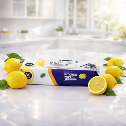 Kitchen Cleaning Wet Wipes [1 Pack - 80 Count] Lemon Scented Powerful Cleaning Degreasing & Strong Oil Removal Wet Wipes for Kitchen, Restaurant, Safe on Skin - BusDeals