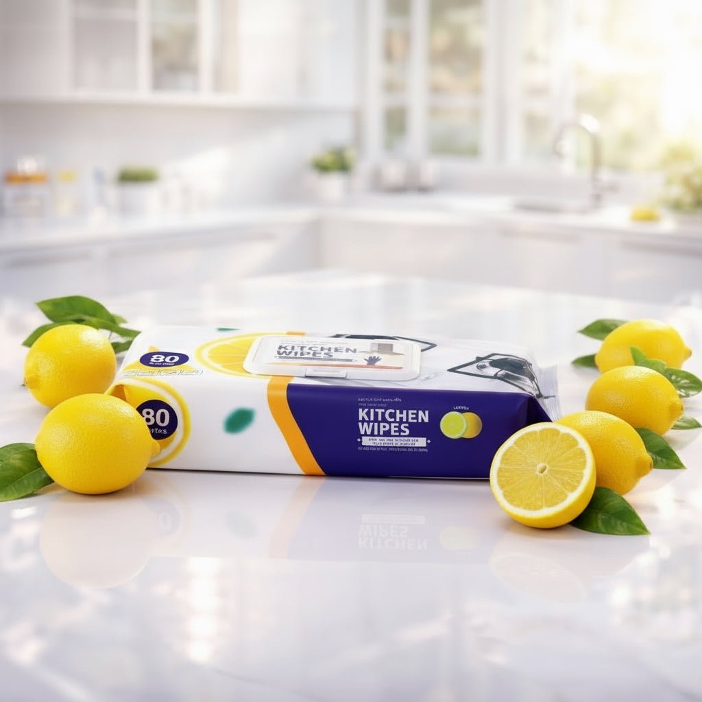 Kitchen Cleaning Wet Wipes [1 Pack - 80 Count] Lemon Scented Powerful Cleaning Degreasing & Strong Oil Removal Wet Wipes for Kitchen, Restaurant, Safe on Skin - BusDeals