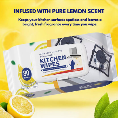 Kitchen Cleaning Wet Wipes [1 Pack - 80 Count] Lemon Scented Powerful Cleaning Degreasing & Strong Oil Removal Wet Wipes for Kitchen, Restaurant, Safe on Skin - BusDeals