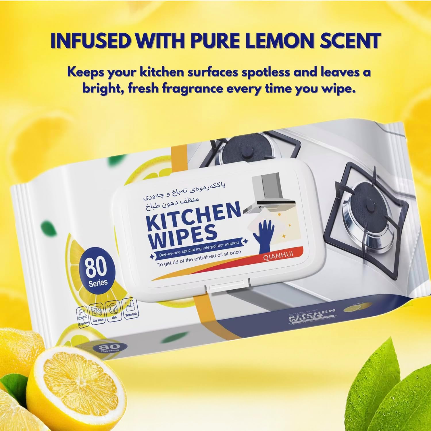Kitchen Cleaning Wet Wipes [1 Pack - 80 Count] Lemon Scented Powerful Cleaning Degreasing & Strong Oil Removal Wet Wipes for Kitchen, Restaurant, Safe on Skin - BusDeals