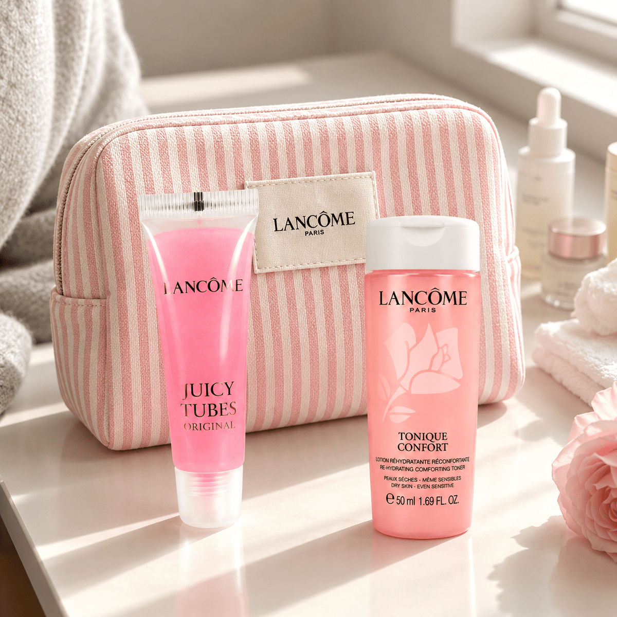 Lancôme Juicy Tubes Dreamsicle 03, Pink Water Travel Pack 50ml with Makeup Bag - BusDeals