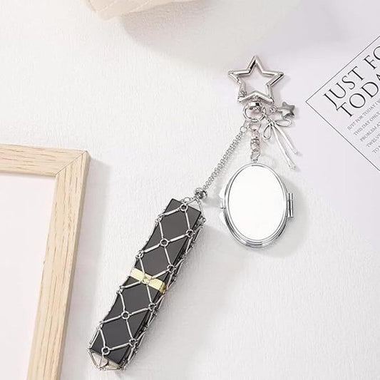 Mesh Lipstick Keychain, Mini Mirror - Lipstick Holder - BusDeals