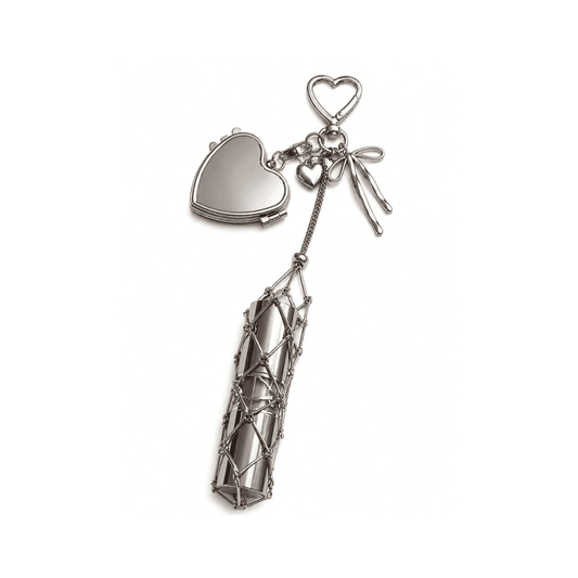 Mesh Lipstick Keychain with Heart, Mini Mirror - Lipstick Holder - BusDeals