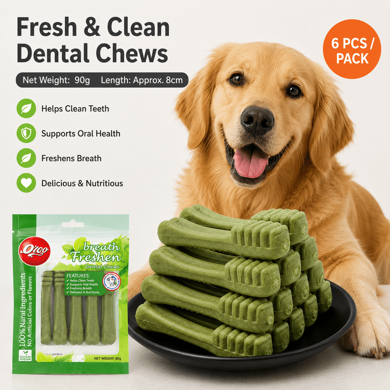 Mint Green Tea Flavor Dog Cleaning Teeth Bone Dental Snack Toothbrush Shape, 90 g - 6 Pieces - BusDeals