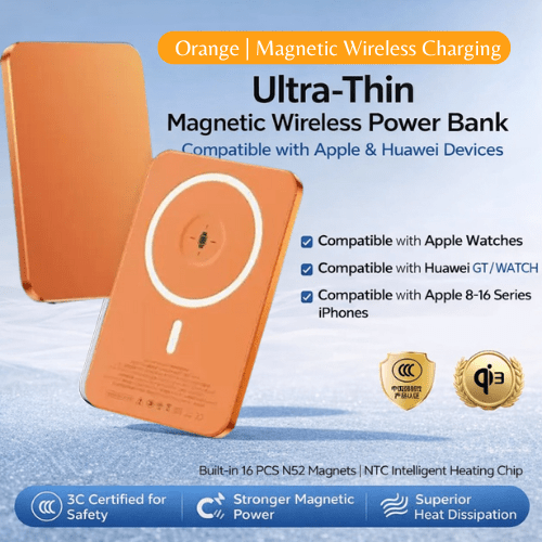 Orange Ultra - Thin Magsafe Wireless Power Bank, Fast Magnetic Charging, 20W Portable Charger Battery, 15W PD USB - C charging, 20000mAh. Ideal for iPhone Pro Max & Plus 17/16/15/14, Apple watch, ear pot. Compatible Galaxy S24/S25. - BusDeals