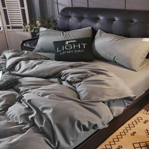 Plain Grey Color Without Filler 4 Pieces Single Size Bedding Set - BusDeals