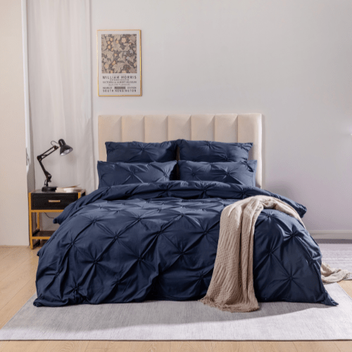 Premium 6 Piece King Size Duvet Cover Pinch Flower Design, Solid Blue. - BusDeals