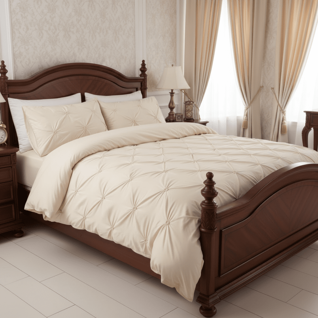 Premium 6 Piece King Size Duvet Cover Pinch Flower Design, Solid Nude Beige color. Buy Silky Satin, Design  Bedsheet Luxury Solid  bedding set Dubai bedroom UAE Premium Quality- BusDeals