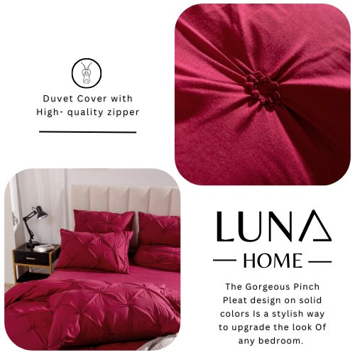 Premium 6 Piece King Size Duvet Cover Pinch Rose Design, Solid Berry Red. - BusDeals
