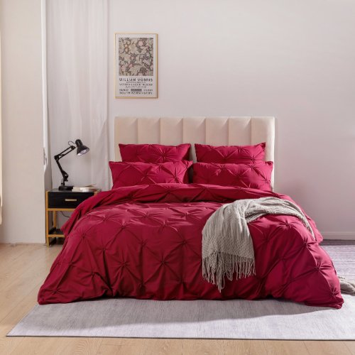 Premium 6 Piece King Size Duvet Cover Pinch Rose Design, Solid Berry Red. - BusDeals