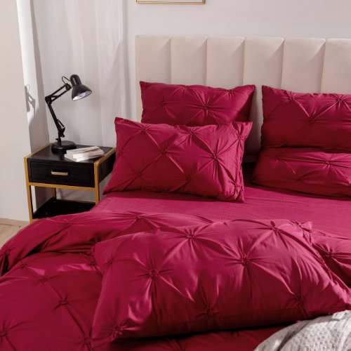 Premium 6 Piece King Size Duvet Cover Pinch Rose Design, Solid Berry Red. - BusDeals