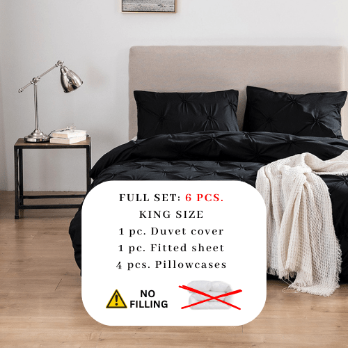 Premium 6 Piece King Size Duvet Cover Pinch Rose Design, Solid Black. - BusDeals