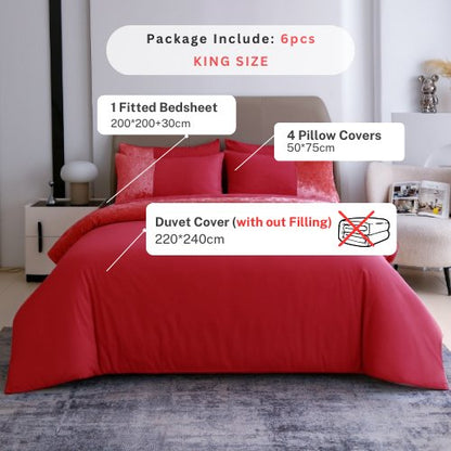 Premium 6 Pieces King Size Duvet Cover with Velvet Decor, Red Color. - BusDeals