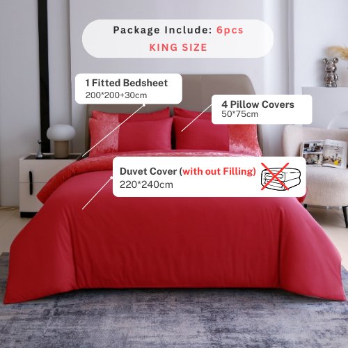 Premium 6 Pieces King Size Duvet Cover with Velvet Decor, Red Color. - BusDeals
