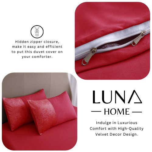 Premium 6 Pieces King Size Duvet Cover with Velvet Decor, Red Color. - BusDeals