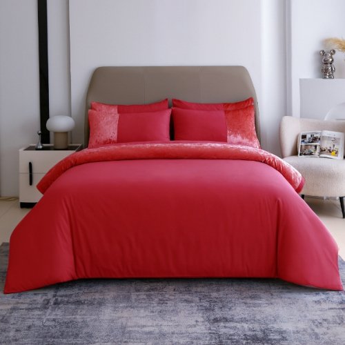 Premium 6 Pieces King Size Duvet Cover with Velvet Decor, Red Color. - BusDeals