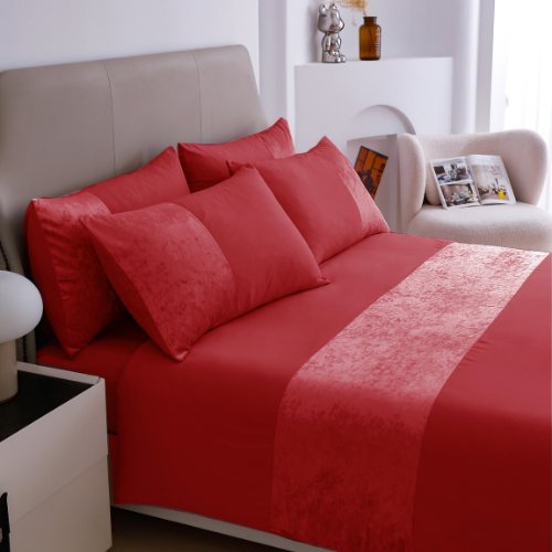 Premium 6 Pieces King Size Duvet Cover with Velvet Decor, Red Color. - BusDeals