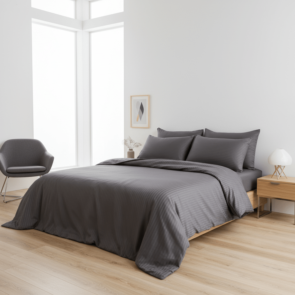 Premium King Size 6 Pieces Bedding Set Satin Silky Stripe Quality, Solid Dark Gray Color. - BusDeals