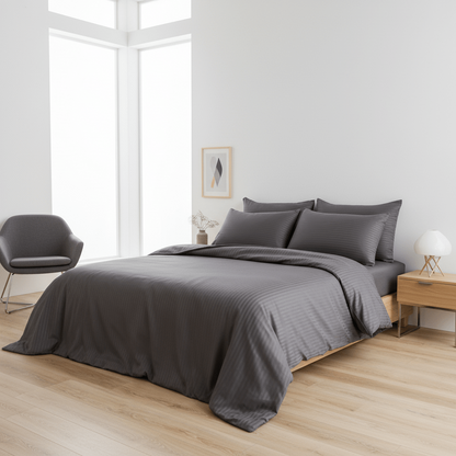 Premium King Size 6 Pieces Bedding Set Satin Silky Stripe Quality, Solid Dark Gray Color. - BusDeals
