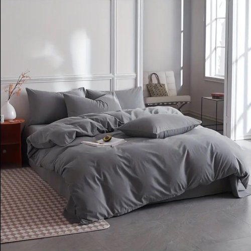 Premium King size 6 pieces Bedding Set without filler, Plain Anchor Grey Color - BusDeals