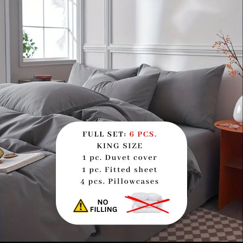 Premium King size 6 pieces Bedding Set without filler, Plain Anchor Grey Color - BusDeals