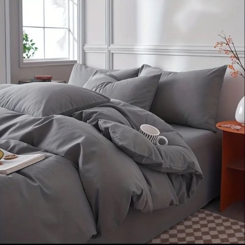 Premium King size 6 pieces Bedding Set without filler, Plain Anchor Grey Color - BusDeals