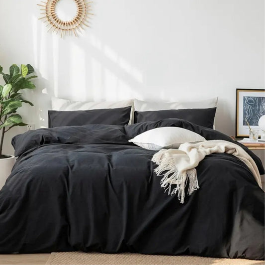 Buy King  Size Complete bedding set Black Premium Fabric 80% Cotton Rich Plain Duvet Cover and Pillowcase Set from BusDeals United Arab Emirates only 139 AED 