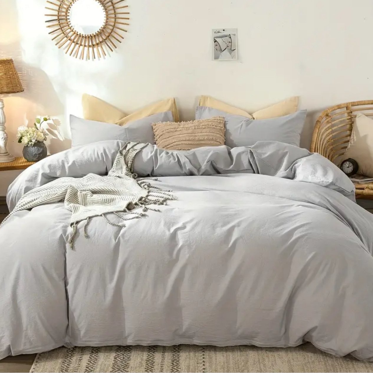 Premium King size 6 pieces Bedding Set without filler, Plain Light Grey Color - BusDeals