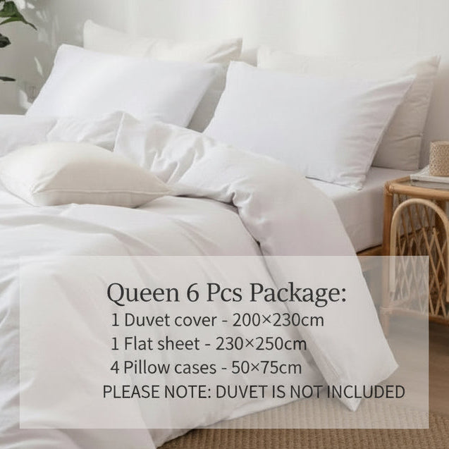 Premium King size 6 pieces Bedding Set without filler, Plain Snow White Color - BusDeals