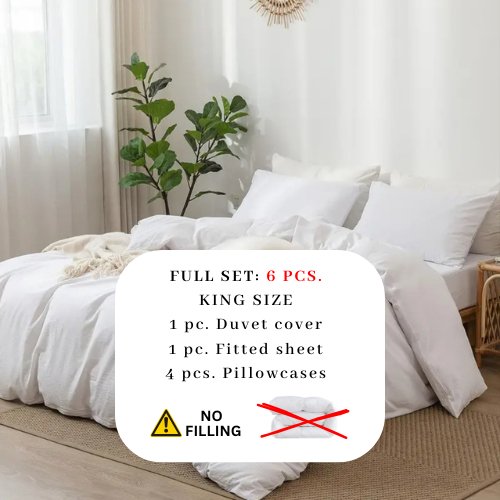 Premium King size 6 pieces Bedding Set without filler, Plain Snow White Color - BusDeals