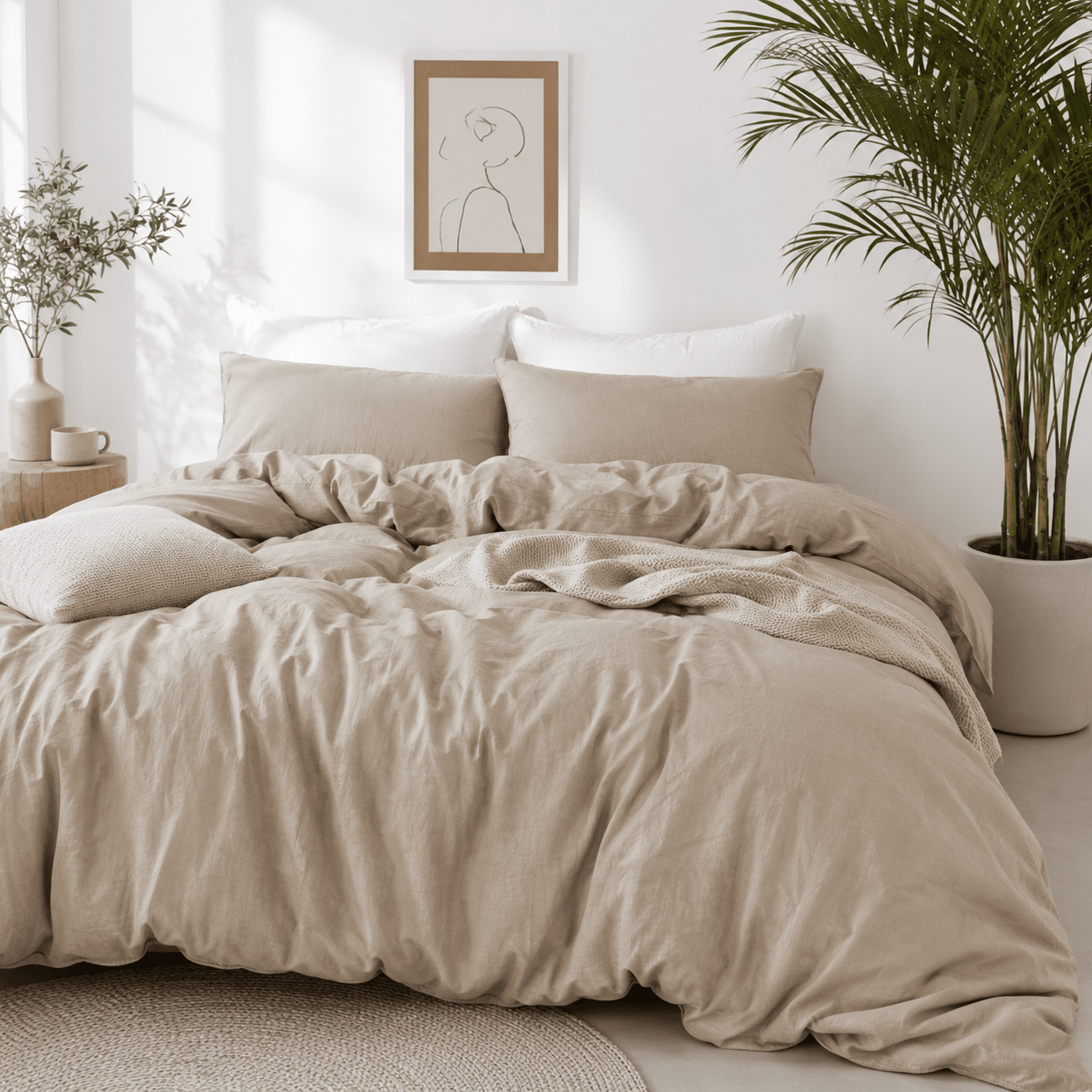 Premium king size 6 pieces duvet cover set, plain beige color. - BusDeals
