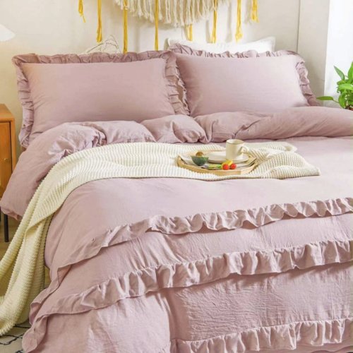 Premium King size 6 pieces, Plain light pink color ruffles design, Bedding Set - BusDeals