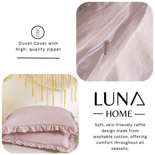 Premium King size 6 pieces, Plain light pink color ruffles design, Bedding Set - BusDeals