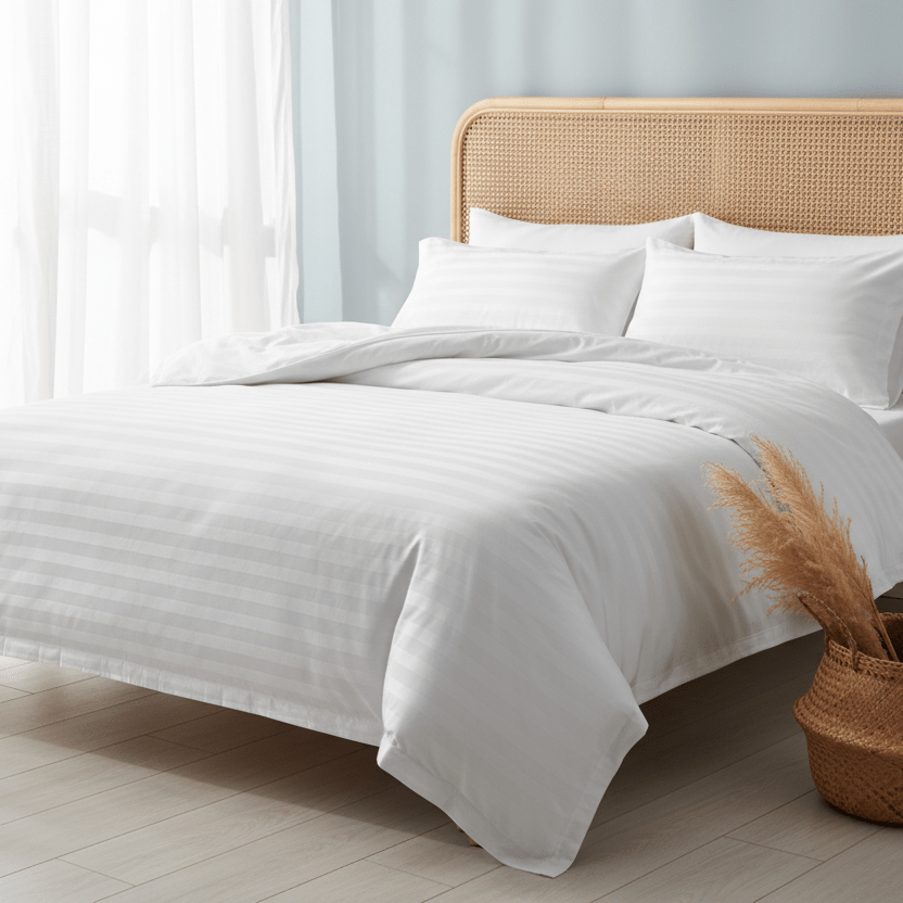 Premium King size 6 pieces Plain white striped design, bedding set. - BusDeals