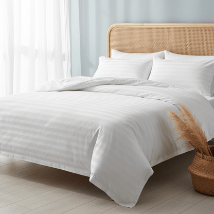 Premium King size 6 pieces Plain white striped design, bedding set. - BusDeals