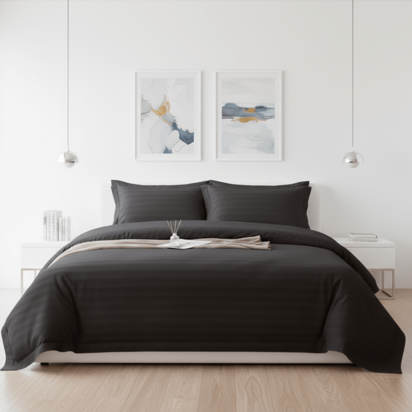 Premium King Size 6 Pieces striped design, Plain duvet cover set, Black color. - BusDeals