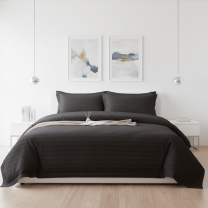 Premium King Size 6 Pieces striped design, Plain duvet cover set, Black color. - BusDeals