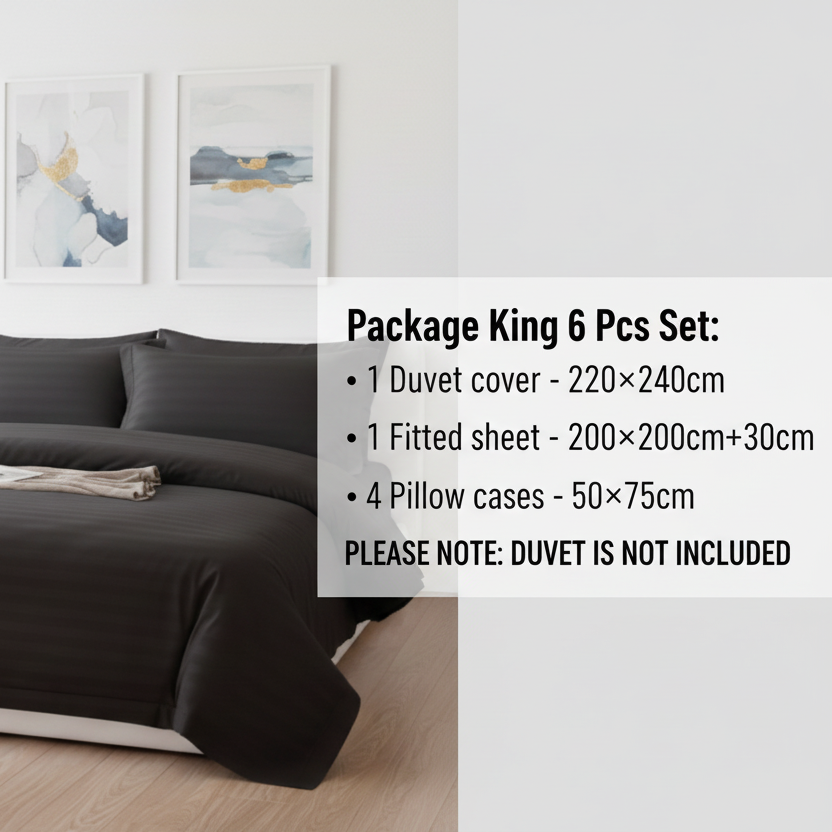 Premium King Size 6 Pieces striped design, Plain duvet cover set, Black color. - BusDeals